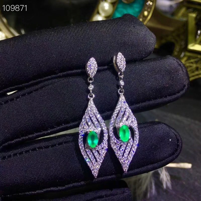 Женские серьги подвески с изумрудом из серебра 925 пробы|Серьги-подвески| |
