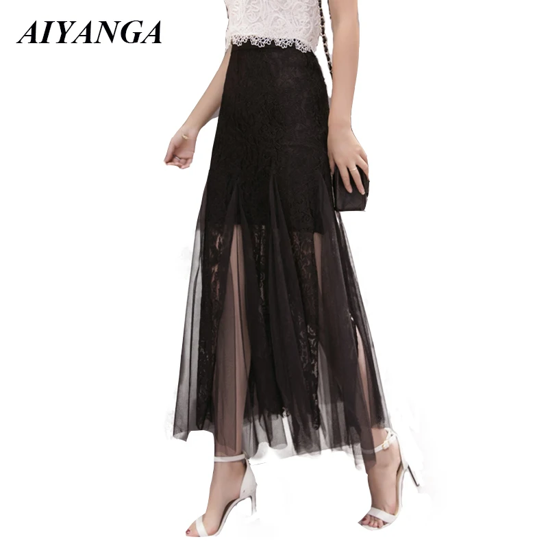

Black White Women Mesh Skirts 2019 Spring Summer Lace Skirt Fashion Patchwork Elegant package Hip Medium Long Skirt Female