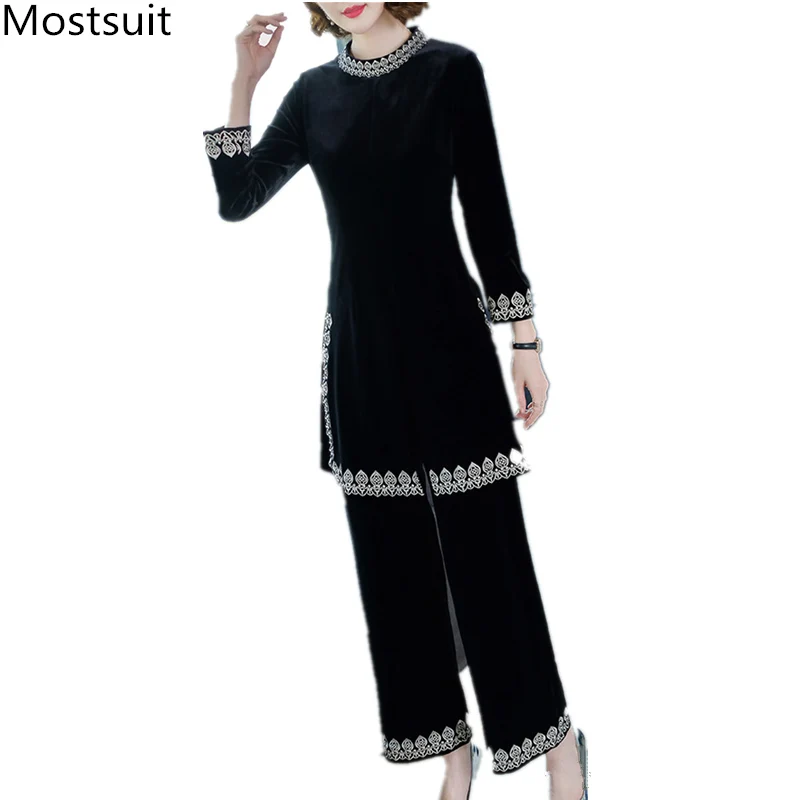 Винтажный Черный Бархатный комплект из 2 предметов Женский Длинный топ с