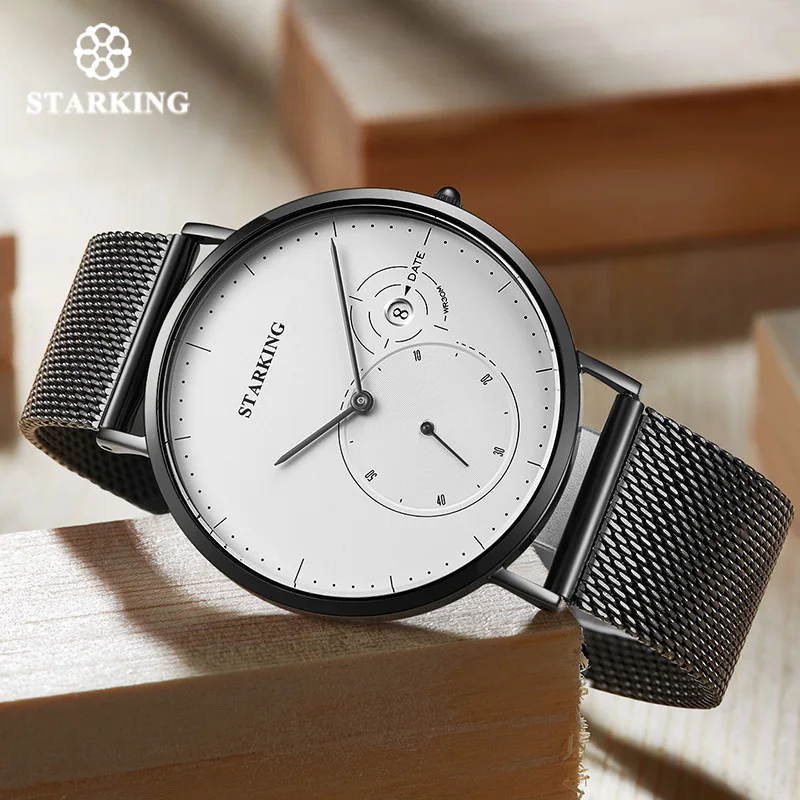 STARKING Ultra thin Fashion Male Wristwatch Mash Watchband Black Business Watches Waterproof Scratch-resistant Men Watch Clock