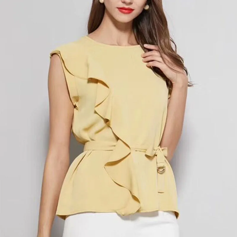 

Blusas mujer de moda 2019 fashion women tops and blouses ladies tops Sleeveless Ruffles Solid blouse womes clothing 4256 50