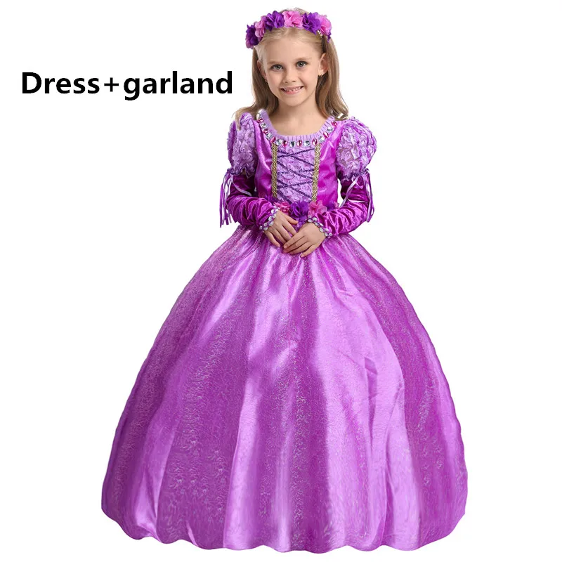 Dress and garland Красивое платье принцессы для девочек, платье Рапунцель, детский карнавальный костюм на Рождество, вечерние платья на Хэллоуин - Цвет: Dress and garland