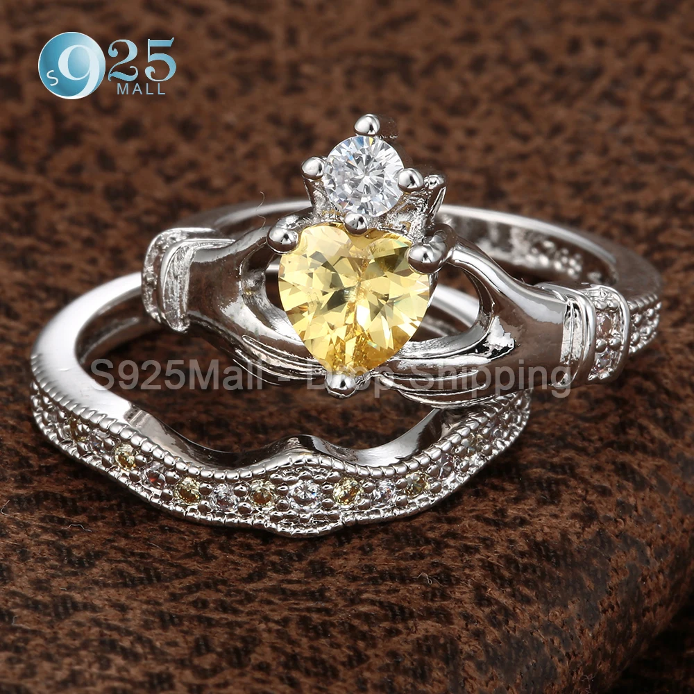 Seanlov модный Claddagh стиль руки к сердцу набор колец белый золотой цвет желтый CZ