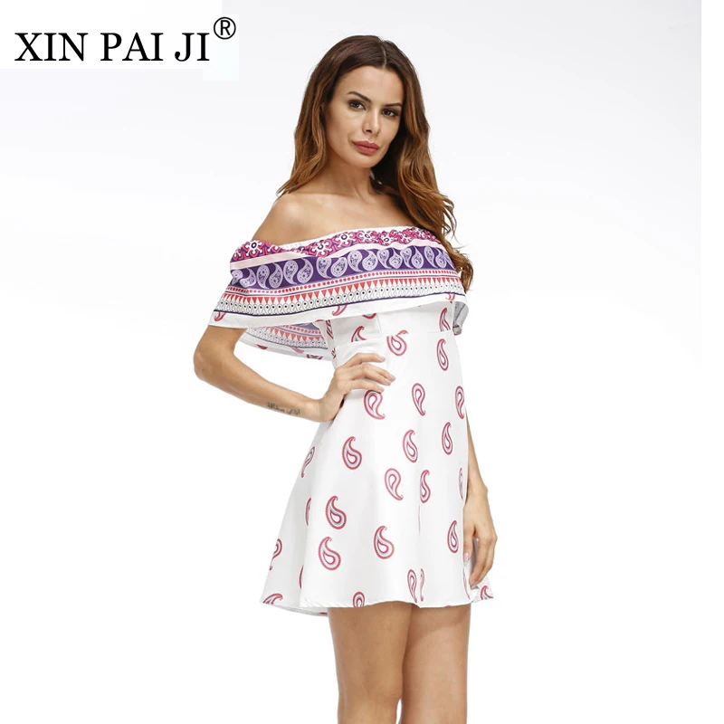 XIN PAI JI New 2017 Vintage Printed Beach Summer Dress Women Slash neck Casual Zipper Off Shoulder A Line Mini | Женская одежда
