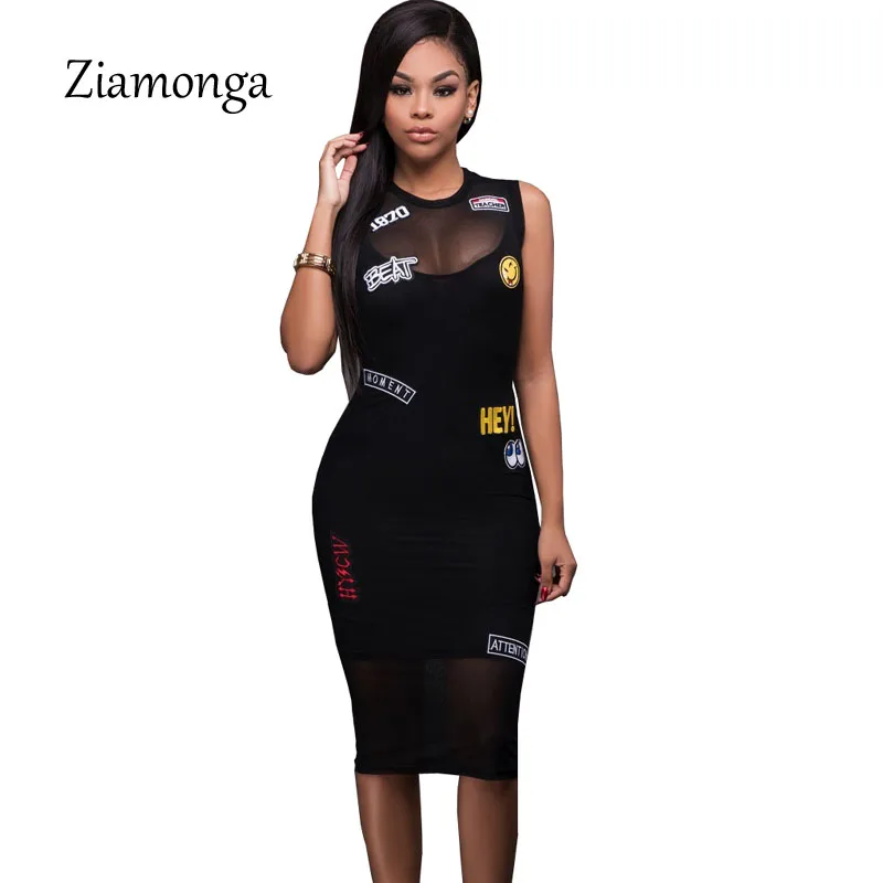 Женское Сетчатое платье без рукавов Ziamonga черное облегающее миди с вышивкой и