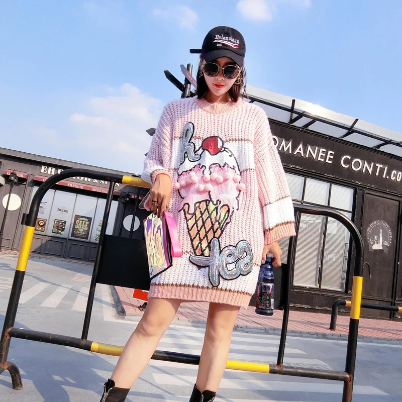 Новинка осени 2018 платье с принтом мороженого свитер длинными рукавами уличная