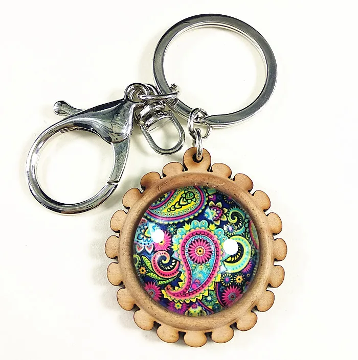 1pcs Bandanna Paisley Keychain Mandala Flower Vintage Key buckle Wood Tray base Buddhist cultural for men women party gift | Украшения и