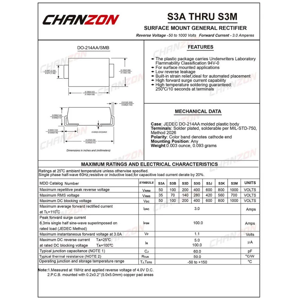 (50 шт.) s 3M Φ 3A 1000 V SMB (SMD выпрямительный диод) 3 Amp вольт электронные кремниевые