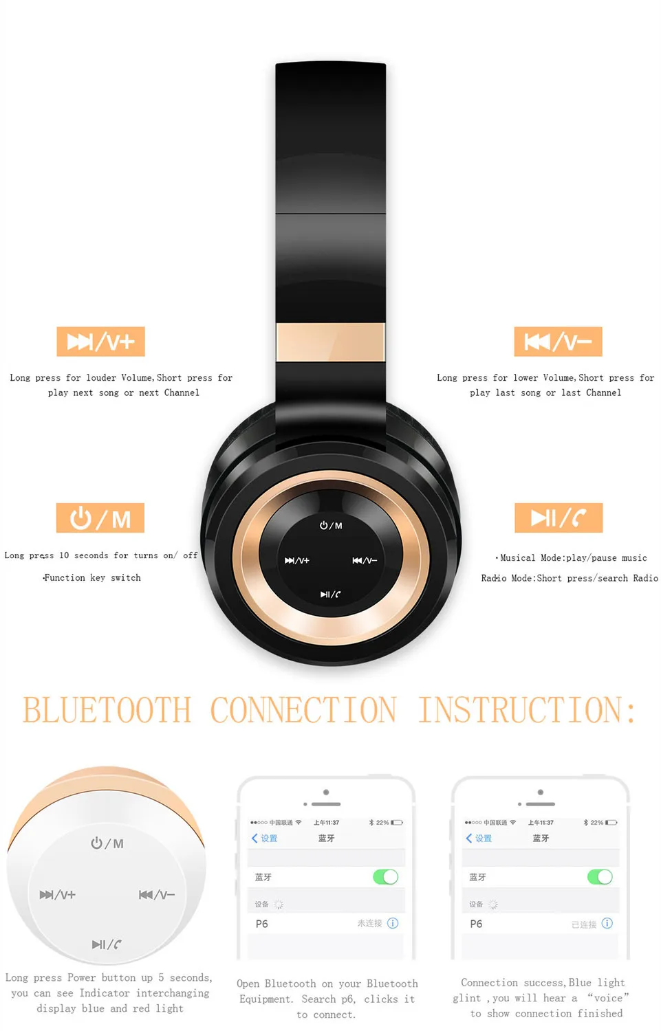 Bluetooth наушники Hi-Fi стерео беспроводные наушники на ухо с микрофоном складные Проводные/TF режимы гарнитуры для ПК ТВ смартфон