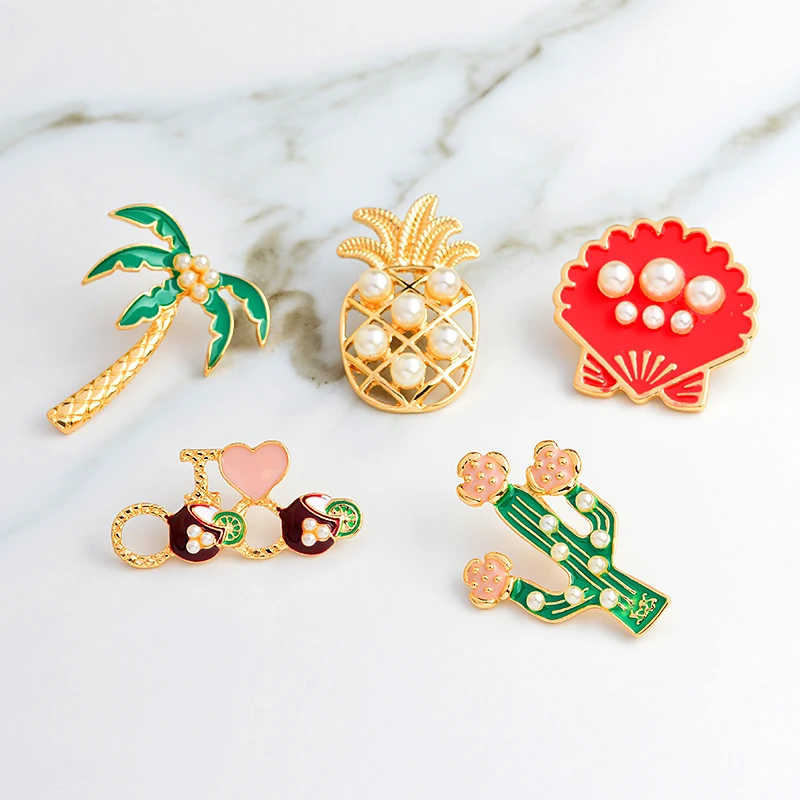 Кактус Цветок жемчуг кокос ананас ракушка брошь Я люблю Коко растения Фрукты