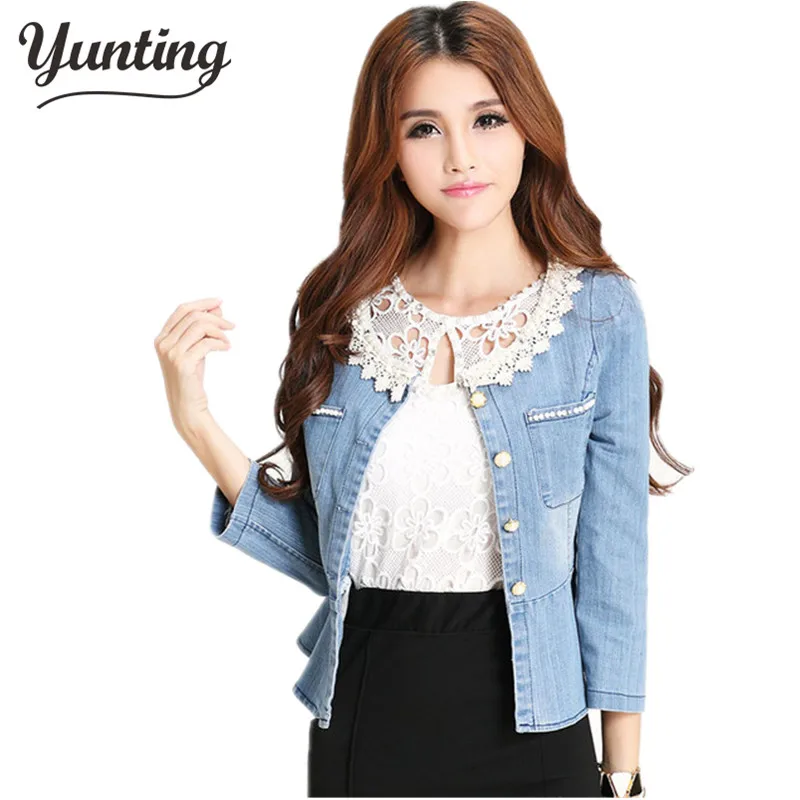 

New 2021 spring jackets women outerwear slim lace patchwork three quarter denim jacket lady vintage jeans jacket lace jacket