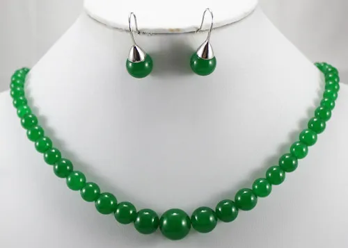 

wholesale charming and elegant 6-12mm green Natural jade necklace & earrings jewelry set 002
