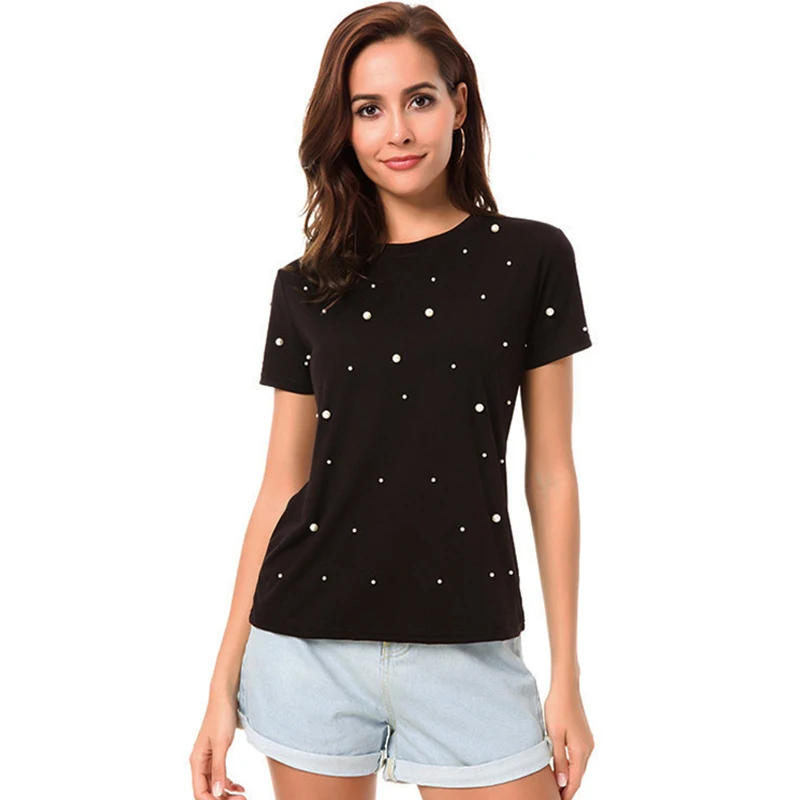 WowMity лето Жемчуг бисером футболка Для женщин хлопковые свободные Повседневное
