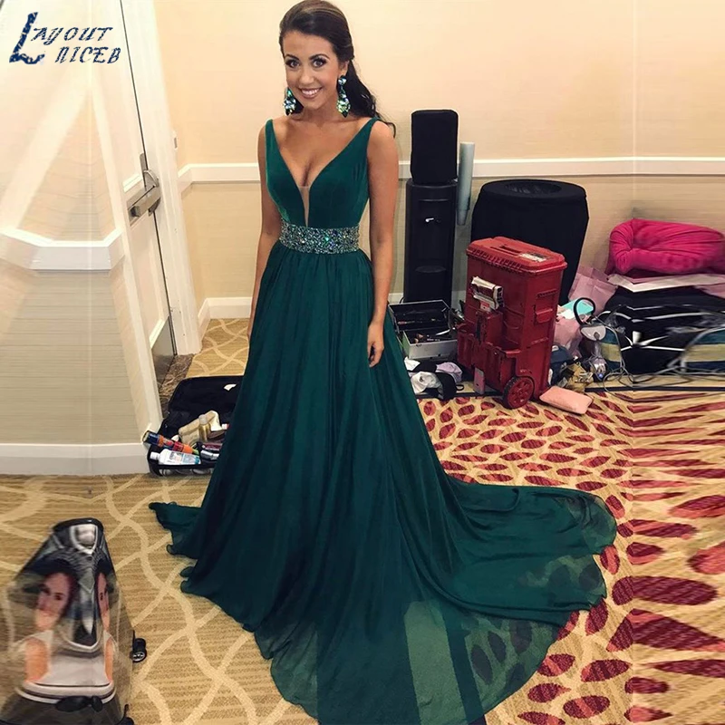 

AE1235 New Sexy V-Neck Straps A-Line Beaded Belt Chiffon Plus Size Evening Dresses Party Prom Dresses Formal Gown robe de soiree