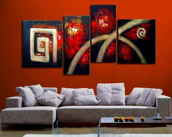 4028 handpainted 4 piece black red modern abstract decorative oil painting on canvas wall art picture for living room home dec | Дом и сад