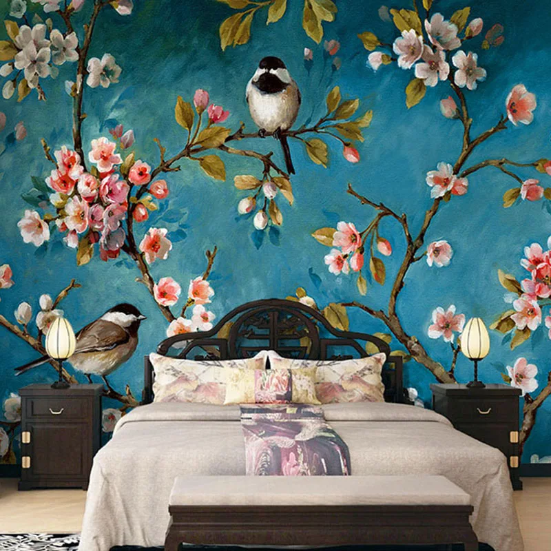 Custom Wall Cloth European Style Flowers Birds Oil Painting Wallpaper Living Room Bedroom Background Covering 3D Home Decor |