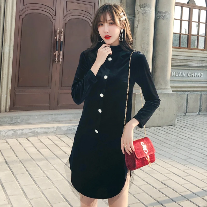 French Style Egg Women Dress Long Sleeve Stand Collar Mini Black Velevt Brand Designer Runway Elegant Party Vestidos | Женская одежда