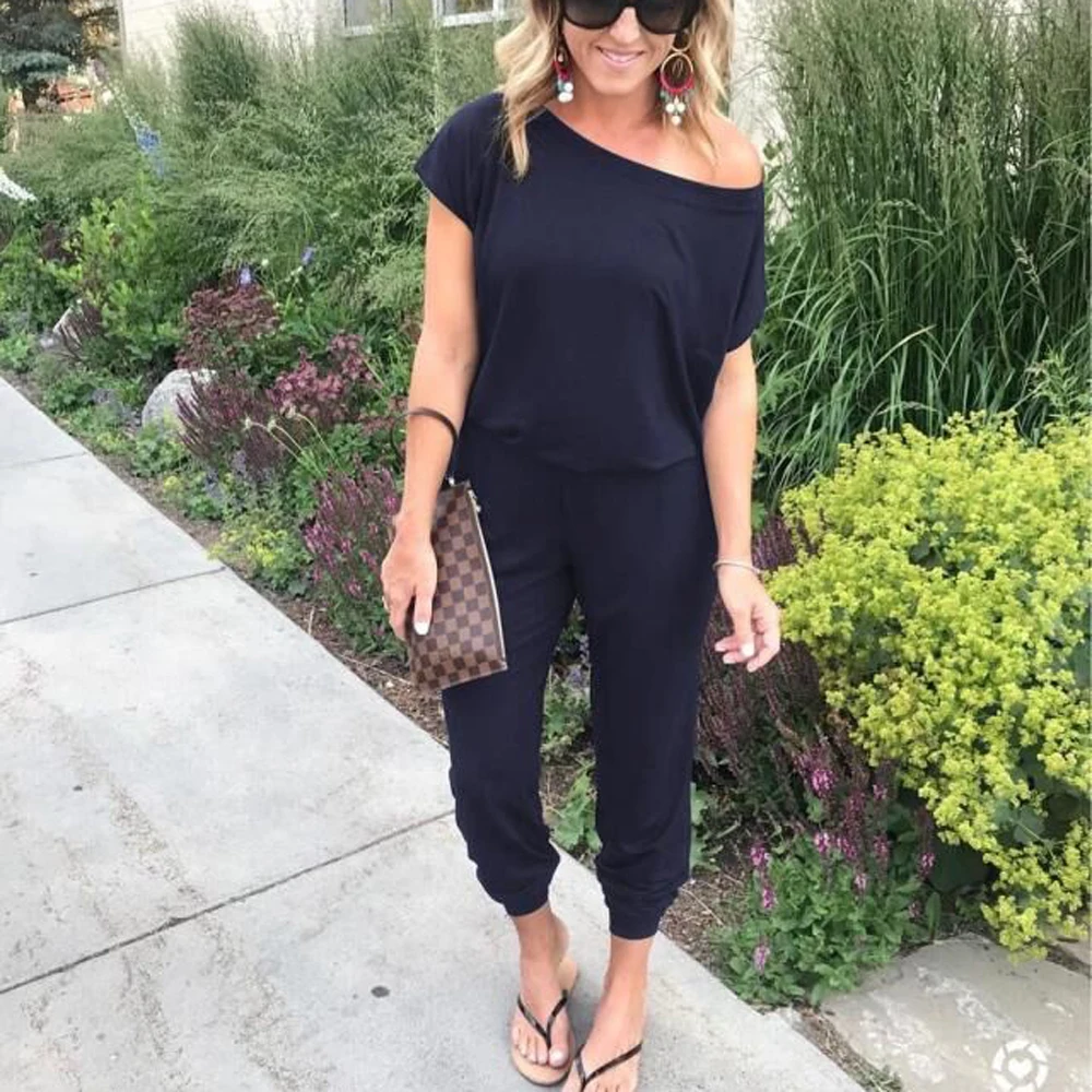 Сексуальный косой комбинезон с открытыми плечами весенне-летний однотонный