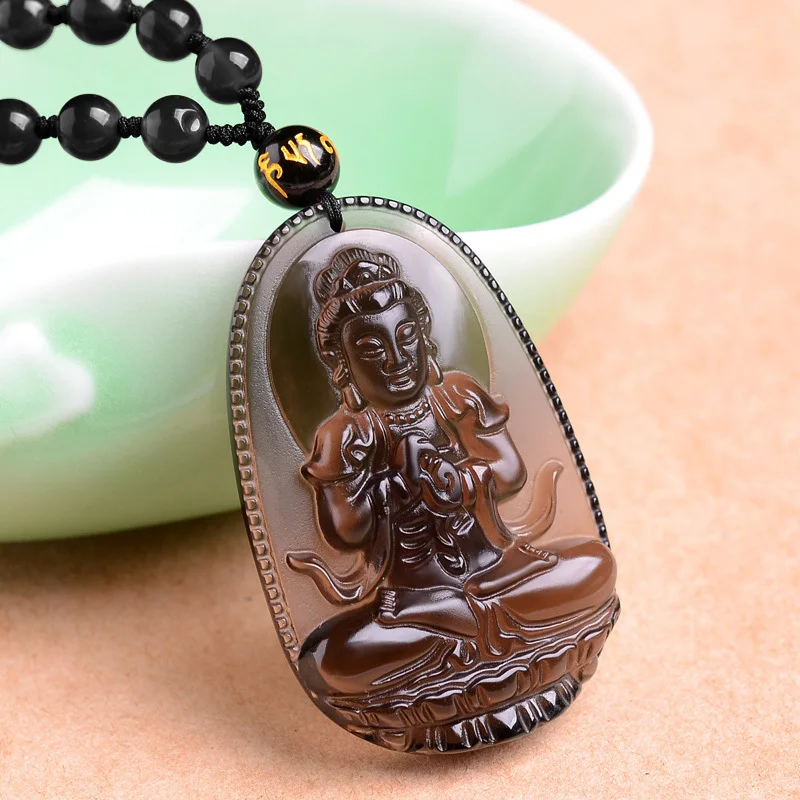 Кулон-Амулет из натурального черного ледяного обсидиана с гравировкой Будды для