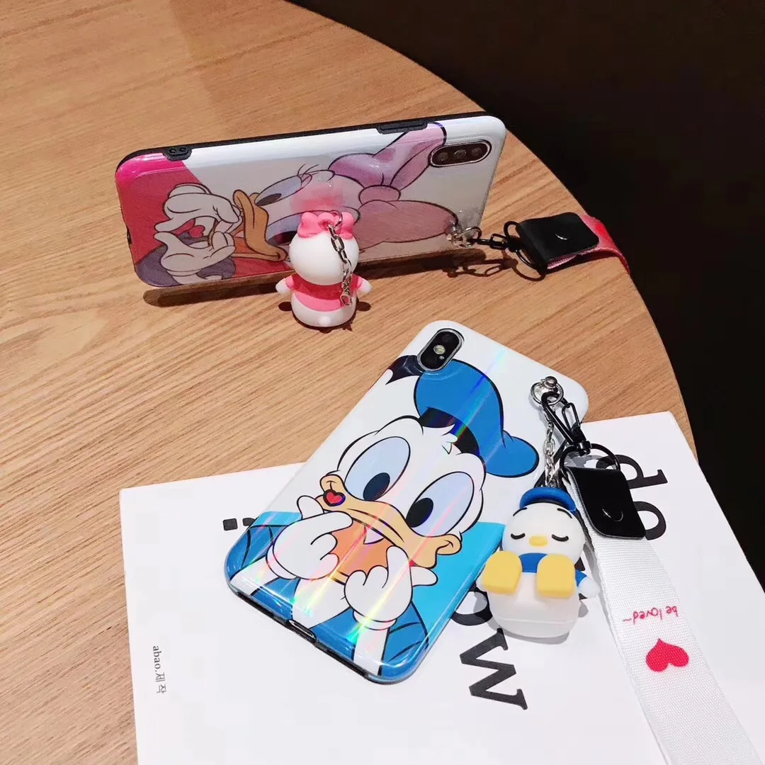 Пара милый мультяшный чехол для телефона аниме для iphone XR X XS MAX 7 8 6 Plus 3 в 1 кукла игрушка радуга Дональд Дак чехол с маргаритками ремешок