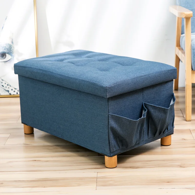 blue L Denim fabric ottoman solid wood four feet storage stool fitting room creative slipper side pocket change shoe bench foldable - Цвет: blue L