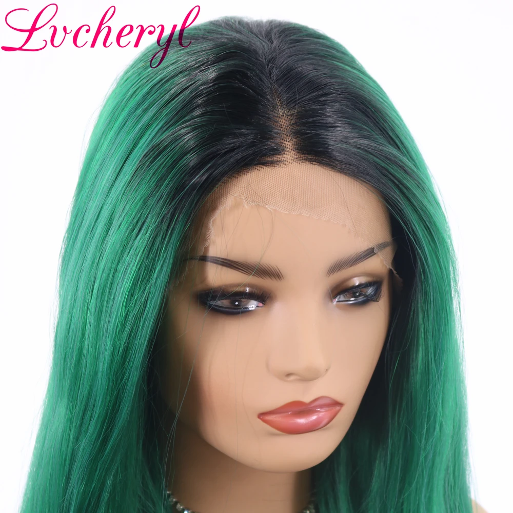 Lvcheryl Ombre черный до зеленый длинные натуральные волны полной плотности термостойкие синтетические кружева спереди женские парики вечерние платья