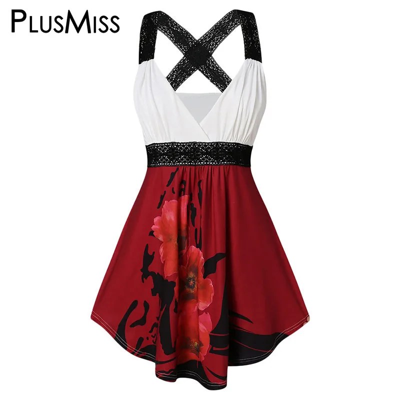 Красный PlusMiss плюс размер 5XL кружева крест-накрест сексуальные V шеи Boho безрукавки женские летние XXXXL XXXL XXL цветочные печатные большие размеры жилет Топ - Цвет: Красный
