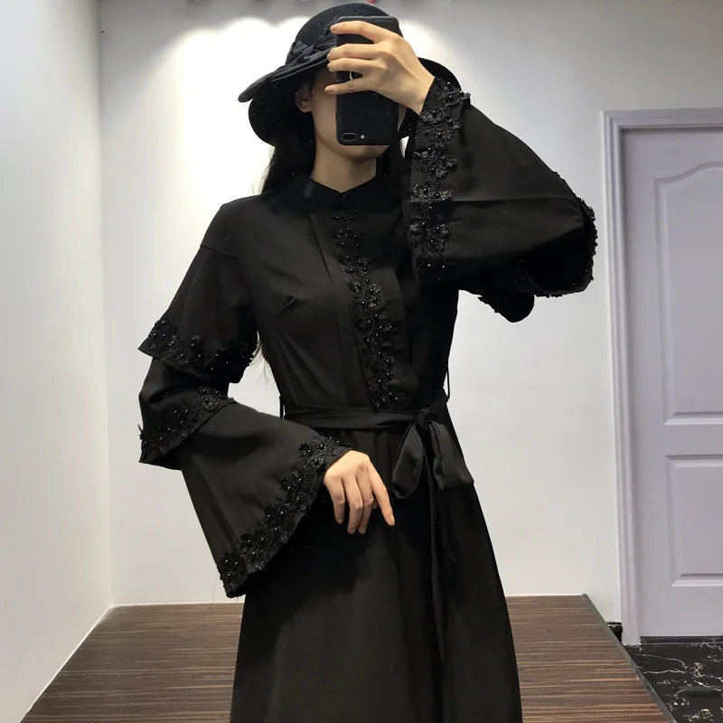 Черный Халат abaya Femme Дубай исламский мусульманский рукав колокол платье Caftan