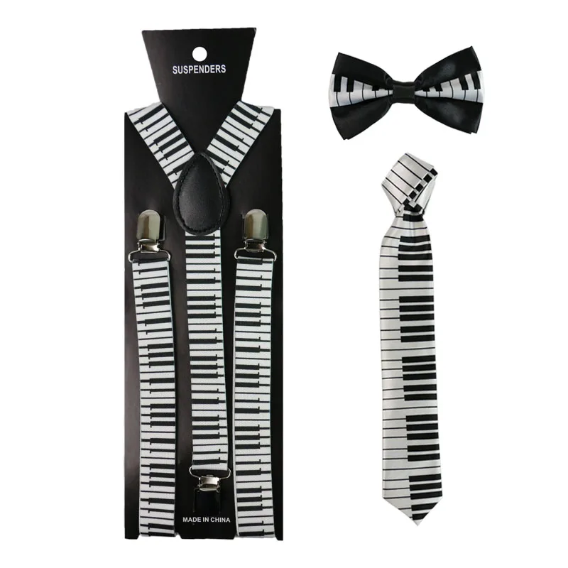 

Musical Notes Keyboard Print Suspenders Necktie And Bowtie Set Clip-on Elastic Y-Shape Back Braces Suspenders For Women Men