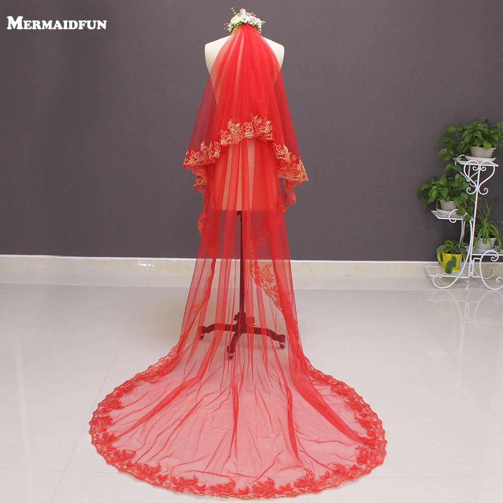 Двухслойная Золотая кружевная красная фатиновая свадебная вуаль длиной 2 5 метра