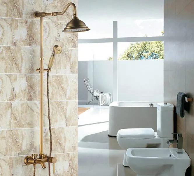 

Vintage Retro Antique Brass Single Handle Lever Bathroom 8 Inch Round Rain Shower Faucet Set Tub Mixer Tap Hand Shower mrs221