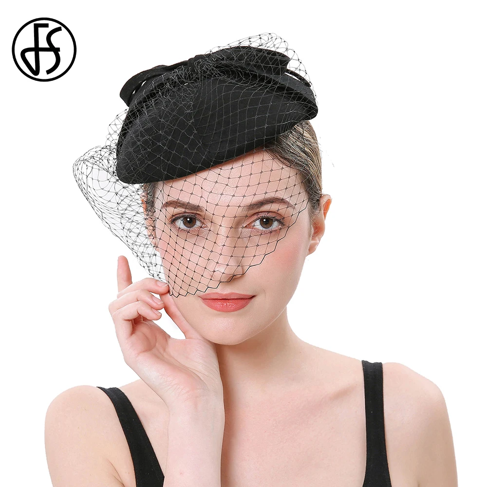 

FS Wool Fascinator Pillbox Hat With Veil Elegant Church Hats For Women Wedding Dress Tea Party Ladies Bow Sinamay Derby Fedoras