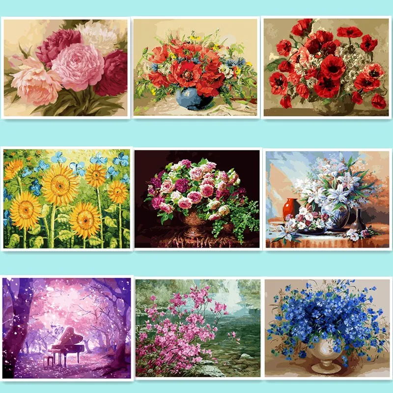Набор для рисования по номерам на холсте Красные цветы без рамки|painting red|unique giftflower