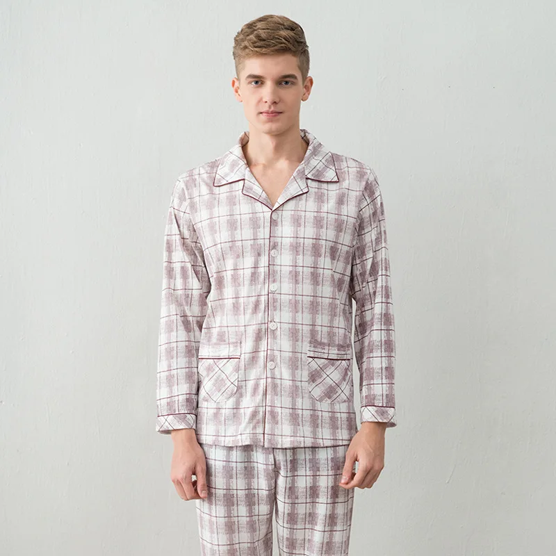 Пижамный комплект мужской из 100% хлопка одежда для сна с отложным воротником и