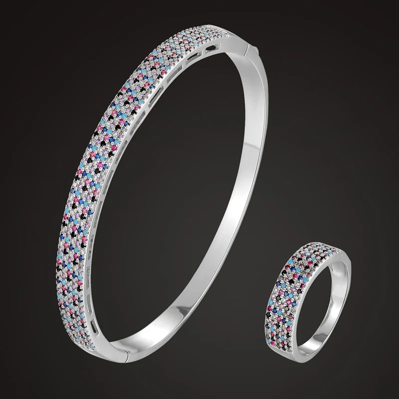 Zlxgirl New arrival colorful cubic zircon micro pave setting bangle bracelet with ring wedding jewelry sets brand copper | Украшения и