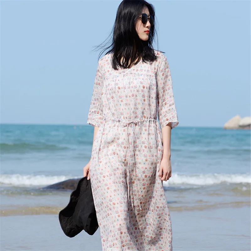 Женское платье с винтажным принтом SCUWLINEN Свободное длинное из тонкой ткани