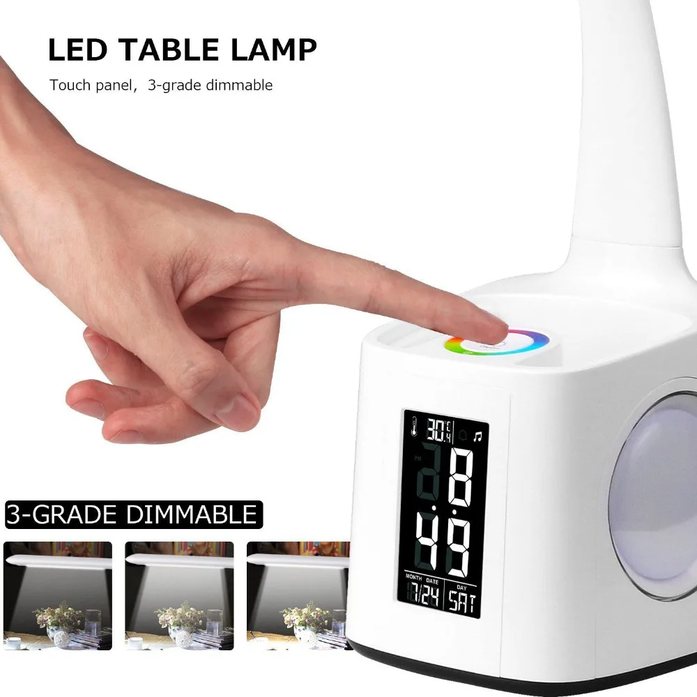 WoodPow светодиодный гибкая рука Настольная лампа с Экран календарь Красочные RGB