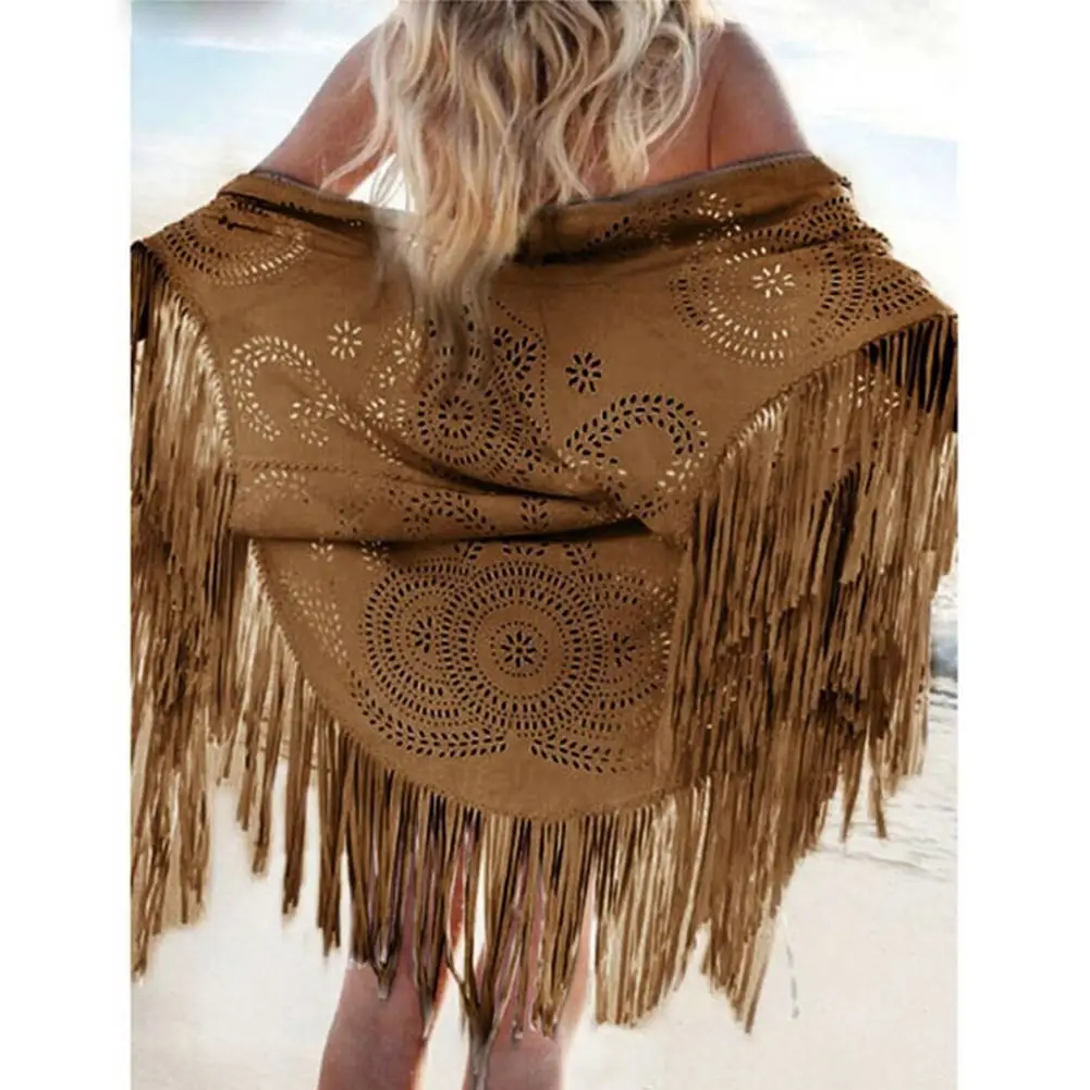 Женский короткий кардиган с кисточками асимметричный цветочным узором