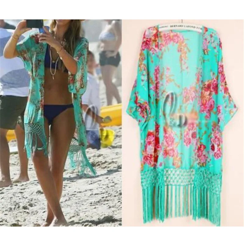 Пляжный Купальник с цветочным принтом накидка для бикини кисточками и отделкой