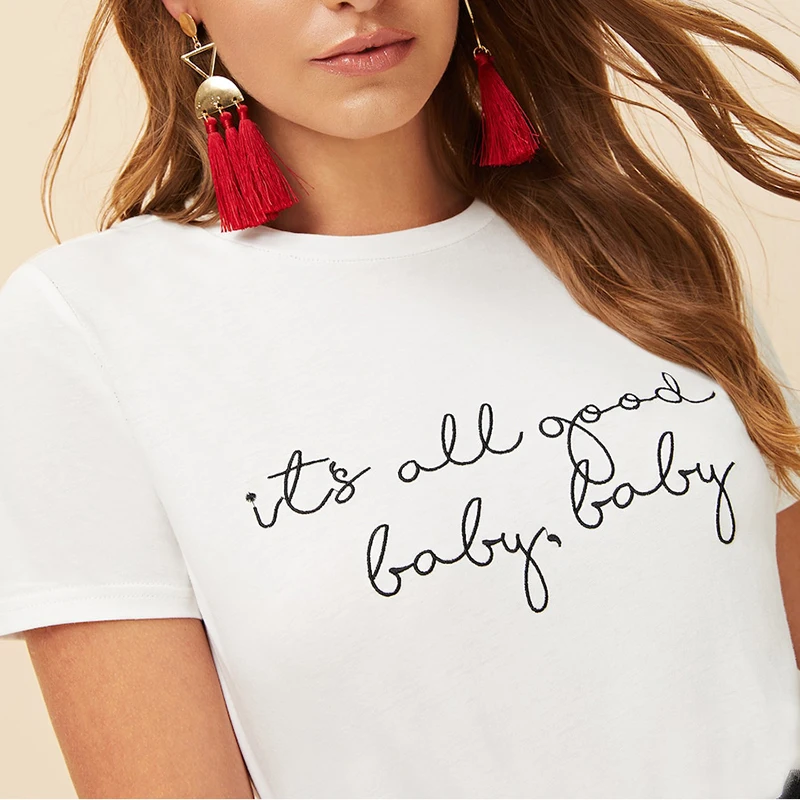 SHEIN белая футболка с надписью и надписью, облегающая футболка с коротким рукавом и круглым вырезом, женская летняя повседневная футболка