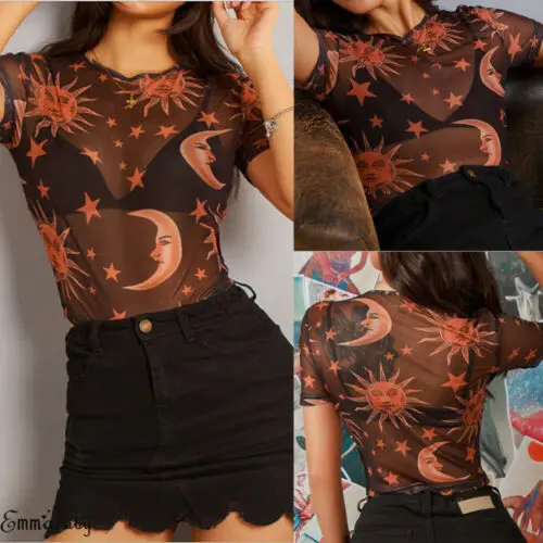 Женские сексуальные 2019 модные футболки с коротким рукавом и принтом Луны