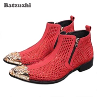 batzuzhi designer luxury mens red ankle boot fashion rhinestone metal pointed toe high suede leather shoes zip blackred boot