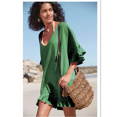 green beach dress Пляжное платье, юбка, накидка для женщин, Летняя туника с оборками, сексуальное прозрачное бикини, купальник, купальный костюм, одежда для плавания, пляжная одежда - Цвет: green beach dress