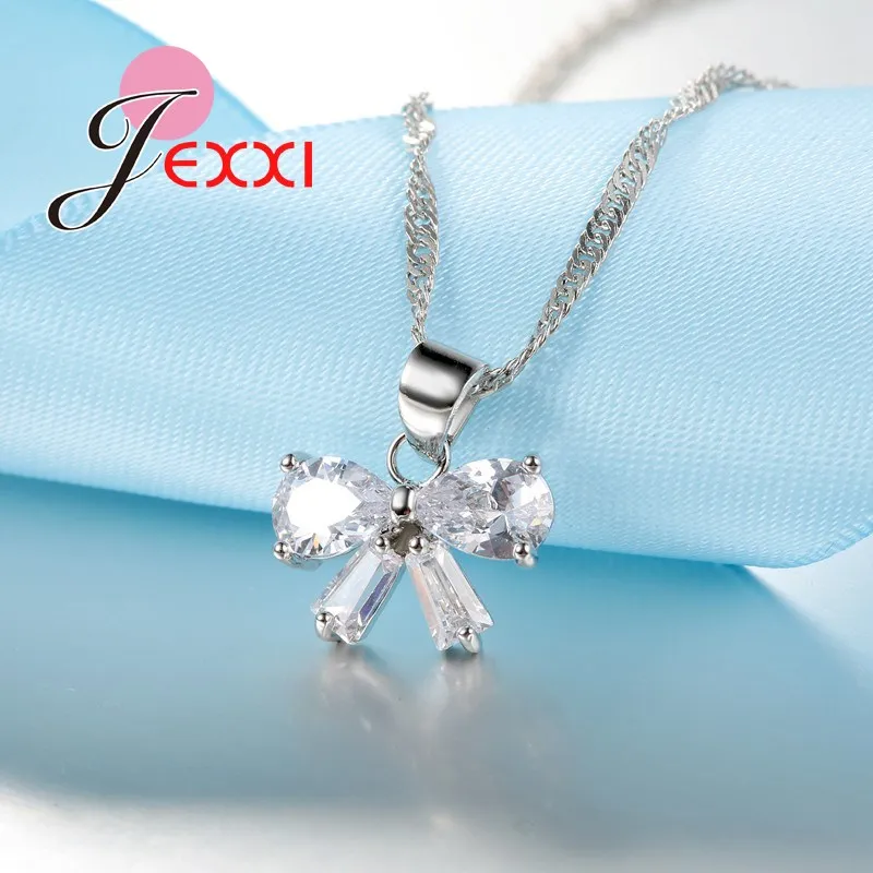 Elegant Wedding Birthday Gifts For Women Beautiful Silver Chain Necklace Clear Bowknot Crystal Charm Earrings Jewelry Set | Украшения и