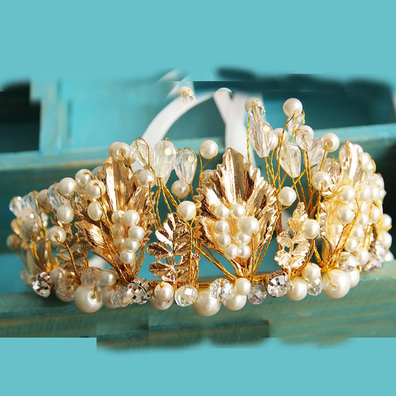 Модная Золотая Корона в стиле барокко повязки для волос ручной работы с золотыми