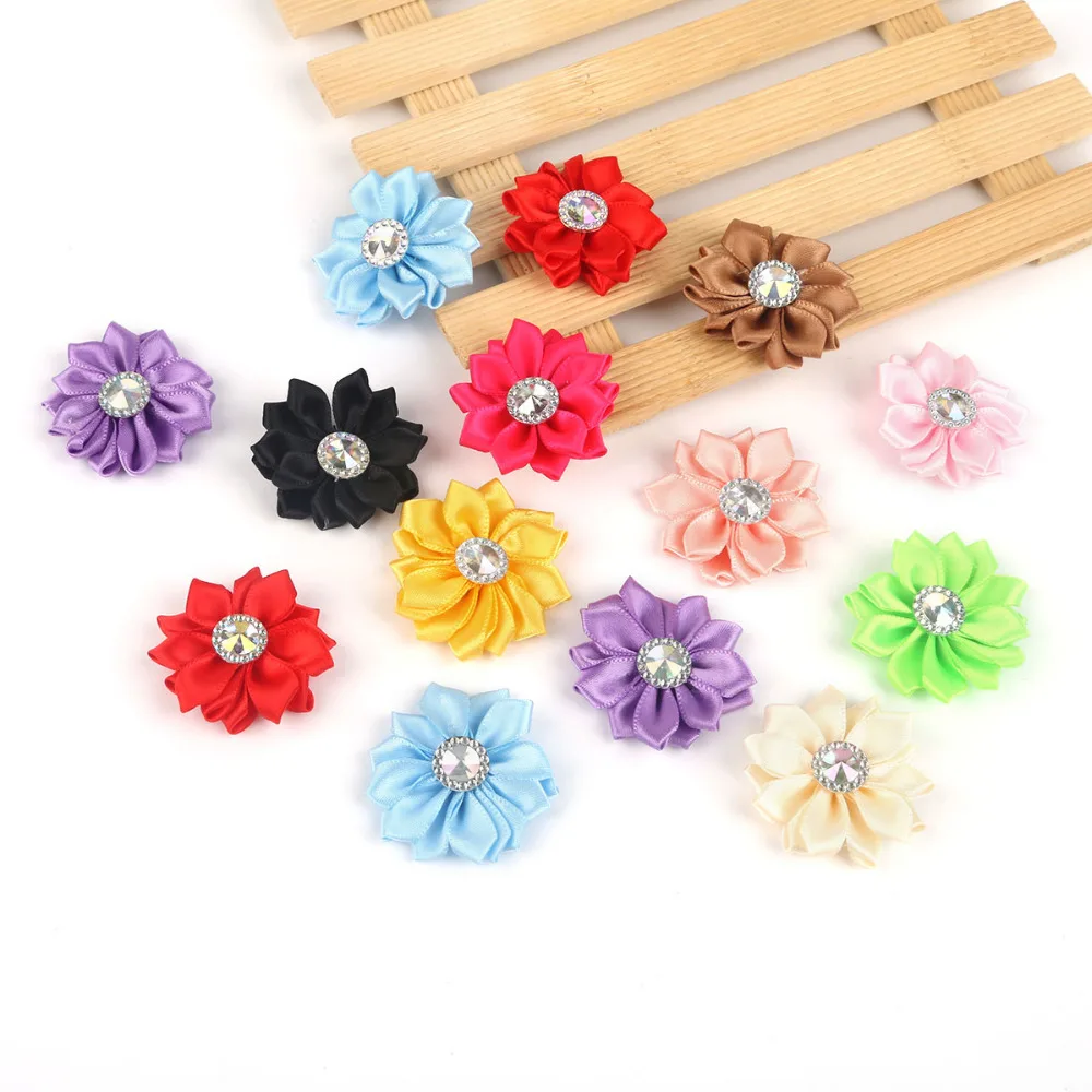4cm High Quality Small Fabric Satin Flowers with Rhinestone Appliques Flower Sewing Accessories For Girls/Crafts/Clothes/Wedding | Дом и сад