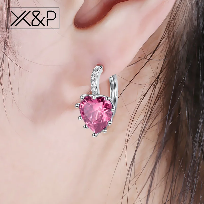 

X&P Fashion Charm Women Silver Color Heart Crystal Stud Earrings for Women Girl AAA Cubic Zirconia Push-Back Earrings Jewelry