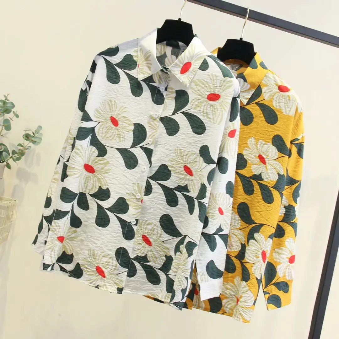 

Plus size women Woven cotton loose blouse 2019 spring new casual ladies long sleeve Floral print shirt