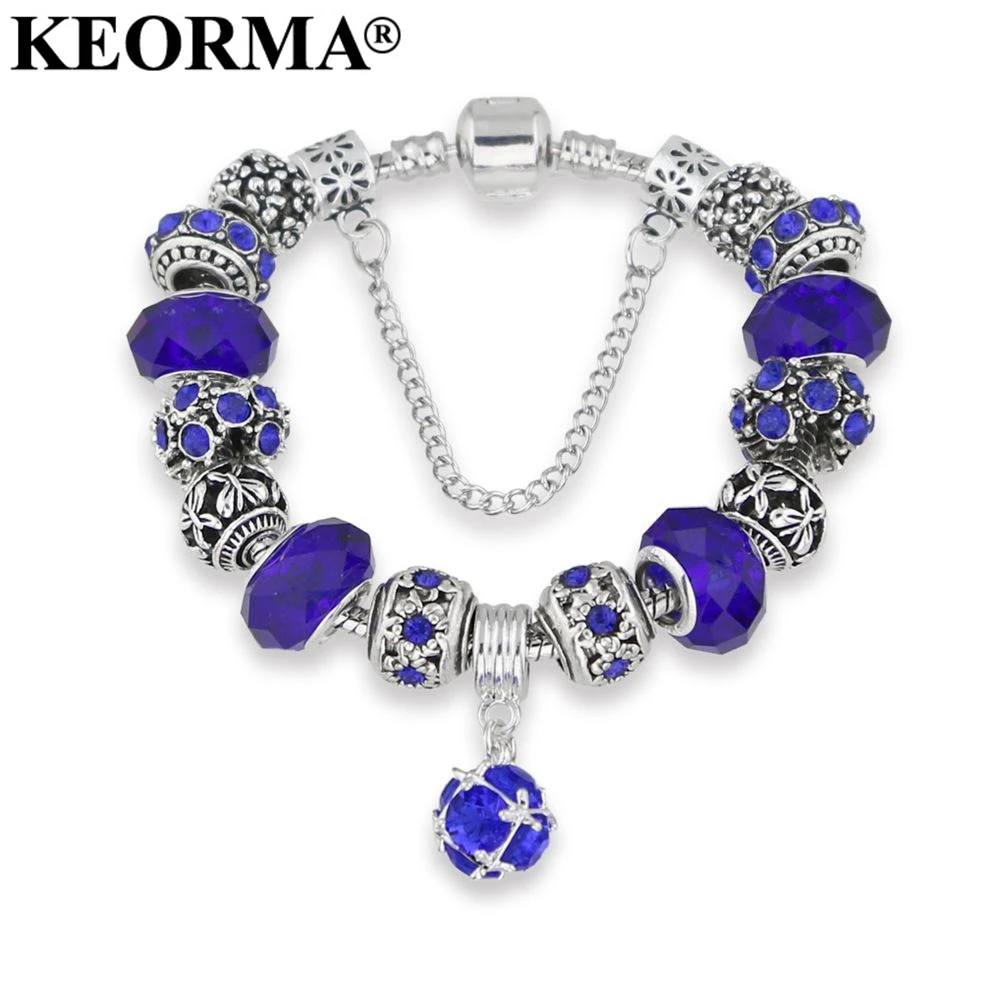 Женский браслет с шармами KEORMA антикварный серебряного цвета розовыми бусинами