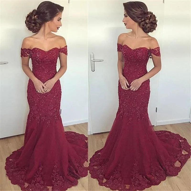 

Off The Shoulder Mermaid Burgundy Lace Prom Dresses Long Sweetheart Appliqued Mother Of The Bride Dress Formal Party Gowns